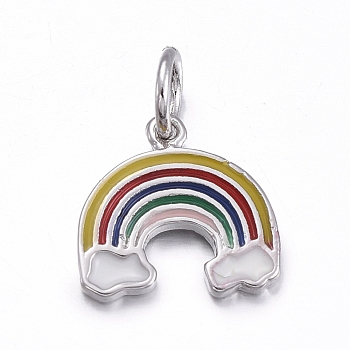 Brass Enamel Charms, with Jump Rings, Rainbow, Platinum, 10.5x11x1mm, Hole: 3.6mm