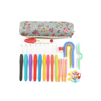 DIY Knitting Tool Kits, including Crochet Hook & Needle, Stitch Marker, Row Counter, Scissor, Flower Pattern Zipper Storage Bag, Mixed Color, Packing: 19x5x7cm
