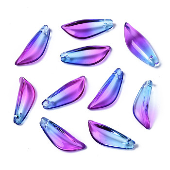 Two Tone Transparent Spray Painted Glass Pendants, Leaf, Blue, 21.5x8x5mm, Hole: 1.2mm