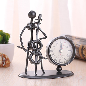 Vintage Iron Clock with Cello Ornaments, for Home Office Desktop Decoration, Black, 135x130mm