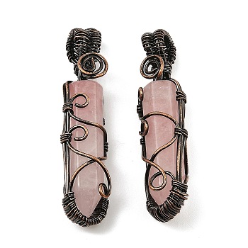 Natural Rose Quartz Pendants, with Red Copper Tone Rack Plating Brass Wire Wrap, Lead Free & Cadmium Free, Cone, 61x15.5x14mm, Hole: 4mm