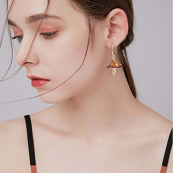 Enamel Mushroom Dangle Stud Earrings, Gold Plated Alloy  Half Hoop Earrings for Women, Brown, 47x24.5mm, Pin: 0.7mm