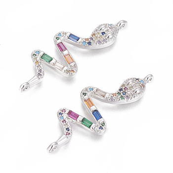 Brass Micro Pave Cubic Zirconia Links, Cadmium Free & Lead Free, Snake, Colorful, Platinum, 35x13x2.5mm, Hole: 1.2mm