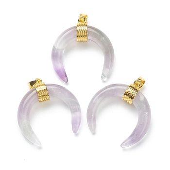 Natural Amethyst Pendants, with Golden Brass Findings, Double Horn/Crescent Moon, 31~33x30x10mm, Hole: 6x4mm