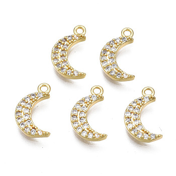 Brass Micro Pave Clear Cubic Zirconia Charms, Nickel Free, Moon, Real 18K Gold Plated, 11.5x6.5x2mm, Hole: 1.2mm