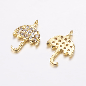 Brass Micro Pave Cubic Zirconia Charms, Cadmium Free & Lead Free, Umbrella, Golden, 14x9.5x1.5mm, Hole: 1mm