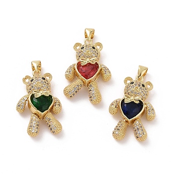 Brass Cubic Zirconia Pendants, Bear with Heart & Bowknot Charm, Mechanical Charm, Real 18K Gold Plated, Mixed Color, 26.5x16.5x8.5mm, Hole: 3.5mm