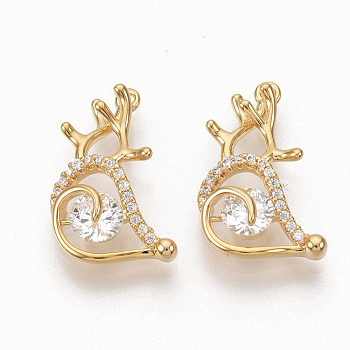 Brass Micro Pave Clear Cubic Zirconia Pendants, Nickel Free, Christmas Reindeer/Stag, Real 18K Gold Plated, 15x10x3.5mm, Hole: 0.8mm
