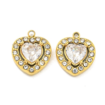Vacuum Plating 304 Stainless Steel Pendants, with Cubic Zirconia and Rhinestone, Heart, Real 18K Gold Plated, 11.5x9.8x3.5mm, Hole: 1mm