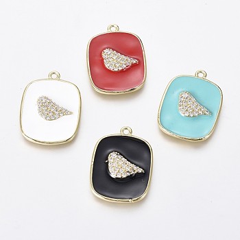 Golden Plated Brass Micro Pave Clear Cubic Zirconia Pendants, with Enamel, Rectangle with Bird, Mixed Color, 21x16x2.5mm, Hole: 1.4mm