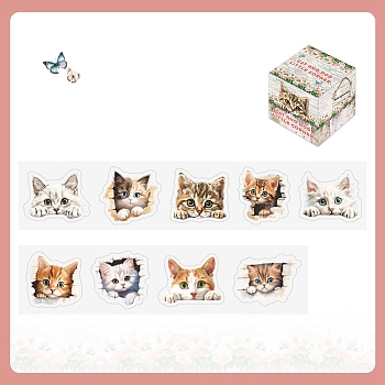 Cat Paper Stickers, Waterproof PET Stickers, for Scrapbooking, Travel Diary Craft, Mixed Color, 31~40mm wide, 29~37mm long, 2m/roll.