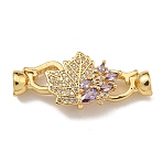 Brass Micro Pave Cubic Zirconia Fold Over Clasps, Nickel Free, Maple Leaf, Real 18K Gold Plated, Purple, 36mm(KK-U037-28G-03)