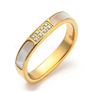 Ion Plating(IP) 304 Stainless Steel Rectangle Finger Ring, with White Shell and Cubic Zirconia, Golden, Inner Diameter: 17mm(RJEW-C059-01G)