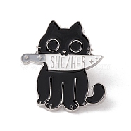 Cat with Knife Enamel Pin, Word She/Her Alloy Badge for Backpack Clothes, Platinum, Black, 30x29x1.5mm(JEWB-E016-18P-01)