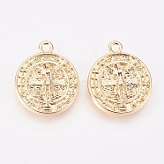 Brass Pendants, Nickel Free, Flat Round with Jesus, For Easter, Real 18K Gold Plated, 18x15x3.5mm, Hole: 1.6mm(KK-K230-30G-NF)