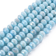 Opaque Baking Painted Glass Beads Strands, Imitation Stones, Faceted, AB Color Plated, Rondelle, Light Sky Blue, 8x6mm, Hole: 1.2mm, about 63~64pcs/strand, 15.87 inch~16.14 inch(40.3~41cm)(EGLA-N006-010A-B01)