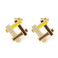 Hollow Rhombus Real 18K Gold Plated Brass Stud Earrings, with Enamel and Cubic Zirconia, Sienna, 16x15.5mm(EJEW-L269-102G-03)