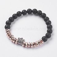 Synthetic Hematite Stretch Bracelets, with Natural Lava Rock and Alloy Findings, Crown, Antique Silver, Rose Gold Plated, 2-1/4 inch(57mm)(BJEW-I241-24B)