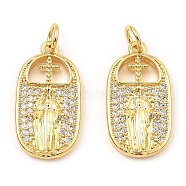 Rack Plating Brass Micro Pave Clear Cubic Zirconia Pendants, Oval with Saint, Real 16K Gold Plated, 20.5x11x3mm(KK-M253-01G)
