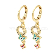 Real 18K Gold Plated Brass Dangle Leverback Earrings, with Enamel and Cubic Zirconia, Butterfly, Dark Turquoise, 35x9mm(EJEW-A033-22G-01)