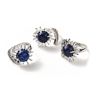 Natural Lapis Lazuli Sun & Moon Open Cuff Rings, Platinum Brass Jewelry for Women, Lead Free & Cadmium Free, Inner Diameter: 17~18mm(RJEW-K241-01P-01)