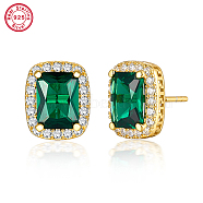 Cubic Zirconia Rectangle Stud Earrings, Real 18K Gold Plated 925 Sterling Silver Earrings, Green, 11x9mm(ES5982-1)