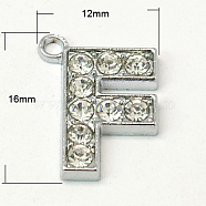 Alloy Letter Pendants, with Grade A Rhinestone, Platinum Color, Citrine, 16~18x12~17x2mm, Hole: 1mm(X-RB-C1416-F)