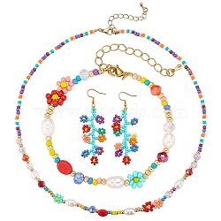 Natural Pearl & Glass Seed Beaded Necklace & Bracelet & Dangle Earrings, 304 Stainless Steel Wire Wrap Flower Jewelry Set for Women, Colorful, 17.91~18.11 inch(45.5~46cm), 7.09~7.28 inch(180~185mm), 80mm, Pin: 0.7mm(SJEW-SW00008)