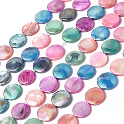 Natural Freshwater Shell Beads Strands, Dyed, AB Color Plated, Flat Round, Colorful, 15x2~3mm, Hole: 1mm, about 25~26pcs/strand, 14.57 inch(37cm)(X-SHEL-C003-02)