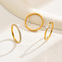 3Pcs 3 Style Stainless Steel Simple Thin Finger Rings Set, Cubic Zirconia Stackable Rings, Real 18K Gold Plated, US Size 7(17.3mm), 1Pc/style(VB0831-2)