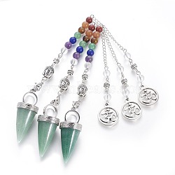 Chakra Jewelry Natural Green Aventurine Cone Dowsing Pendulums, with Brass Finding and Alloy Chain, Antique Silver, 235~245x2.5mm(G-G771-E05)