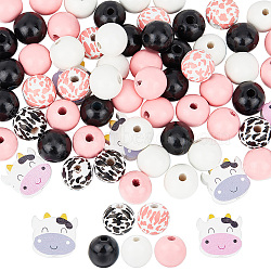 120Pcs 7 Styles Cow Theme Painted Natural Wood Beads, Printed, Round and Cow Head, Mixed Color, 15.5~19x14.5~19x5.5mm, Hole: 2~4mm(WOOD-GO0001-08)