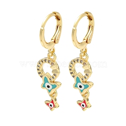 Real 18K Gold Plated Brass Dangle Leverback Earrings, with Enamel and Cubic Zirconia, Butterfly, Dark Turquoise, 35x9mm(EJEW-A033-22G-01)