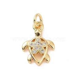Brass Micro Pave Cubic Zirconia Charms, with Jump Ring, Sea Turtle with Flower Charm, Golden, 14.5x10x3mm, Hole: 2.8mm(KK-C012-46G)
