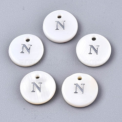 Natural Freshwater Shell Pendants, with Platinum Plated Iron Etched Metal Embellishments, Flat Round with Initial Letter, White, Letter.N, 11x2mm, Hole: 1.5mm(X-SHEL-Q018-01A-N-P)