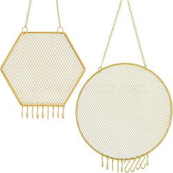 Nbeads 2 Set 2 Style Iron Jewelry Hanging Display, Wall Shelf Jewelry Display Rack, with Rotating Hook, Hexagon & Flat Round, Golden, 1set/style(ODIS-NB0001-18)