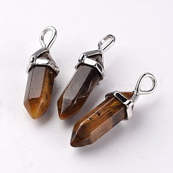 Bullet Natural Tiger Eye Pointed Pendants, with Platinum Tone Random Alloy Pendant Hexagon Bead Cap Bails, 27~31x10x8mm, Hole: 4x3mm(G-E332-A05)