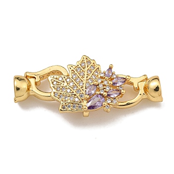 Brass Micro Pave Cubic Zirconia Fold Over Clasps, Maple Leaf, Real 18K Gold Plated, Purple, 36mm