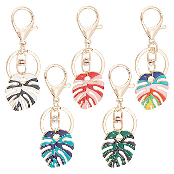 1 Set Monstera Leaf Alloy Enamel Keychain, with Iron Alloy Findings, Mixed Color, 9cm