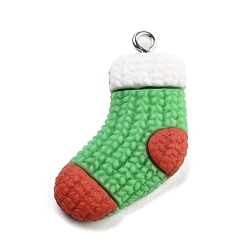 Christmas Theme Opaque Resin Pendants, with Platinum Tone Iron Loops, Christmas Socking, 32.5x21.5x6mm, Hole: 2mm