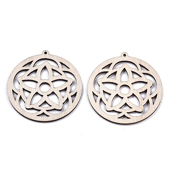 Undyed Natural Wooden Big Pendants, Laser Cut Shapes, Ring with Flower, Antique White, 53x50x2mm, Hole: 1.6mm
