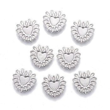 304 Stainless Steel Cabochon Settings for Enamel, Laser Cut, Heart with Leaf, Stainless Steel Color, 8x8x1mm