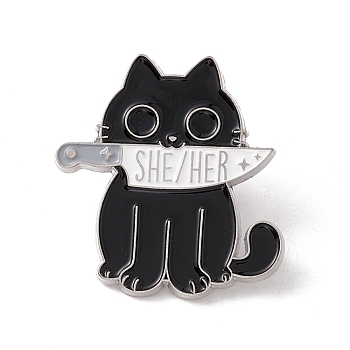 Cat with Knife Enamel Pin, Word She/Her Alloy Badge for Backpack Clothes, Platinum, Black, 30x29x1.5mm