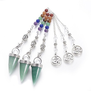 Chakra Jewelry Natural Green Aventurine Cone Dowsing Pendulums, with Brass Finding and Alloy Chain, Antique Silver, 235~245x2.5mm