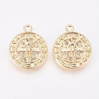 Brass Pendants, Nickel Free, Flat Round with Jesus, For Easter, Real 18K Gold Plated, 18x15x3.5mm, Hole: 1.6mm