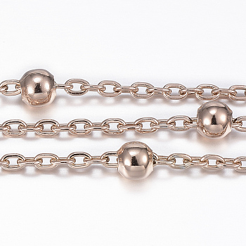 Ion Plating(IP) 304 Stainless Steel Cable Chains, Satellite Chains, with Steel Round Beads, Soldered, with Spool, Flat Oval, Rose Gold, 2.5x1.9x0.3mm, about 65.61 Feet(20m)/roll