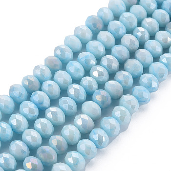 Opaque Baking Painted Glass Beads Strands, Imitation Stones, Faceted, AB Color Plated, Rondelle, Light Sky Blue, 8x6mm, Hole: 1.2mm, about 63~64pcs/strand, 15.87 inch~16.14 inch(40.3~41cm)