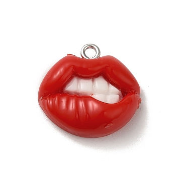 Opaque Resin Pendants, Lip Charms with Platinum Plated Iron Loops, FireBrick, 19x20x6.5mm, Hole: 2mm