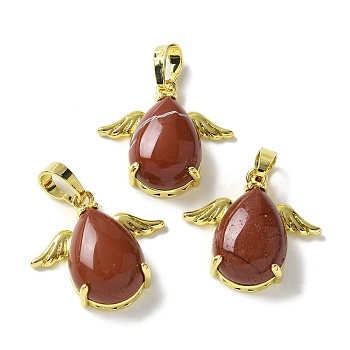 Natural Red Jasper Pendants, Teardrop Charms with Golden Tone Brass Wings, Rack Plating, Cadmium Free & Lead Free, 22.5x24.5x9mm, Hole: 7.5x4.5mm