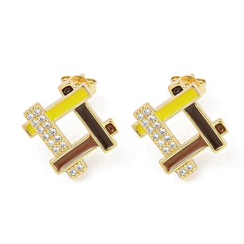 Hollow Rhombus Real 18K Gold Plated Brass Stud Earrings, with Enamel and Cubic Zirconia, Sienna, 16x15.5mm